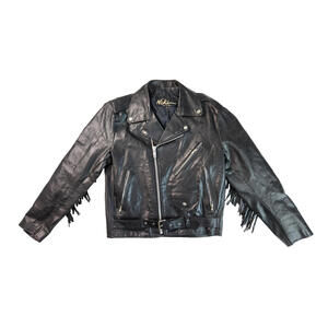 Niki Vintage Black Leather Fringe Belted Motorcycle Jacket Mens Size 38 Medium M